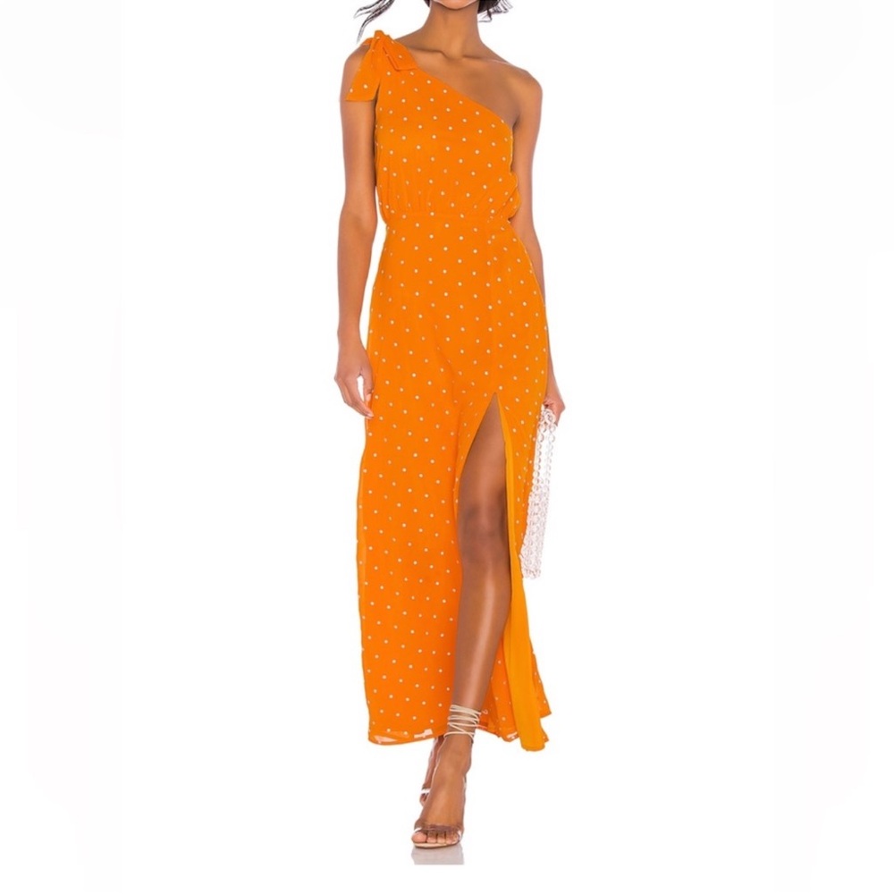 One Shoulder Privacy Please Orange & White Polka Dot Maxi Dress